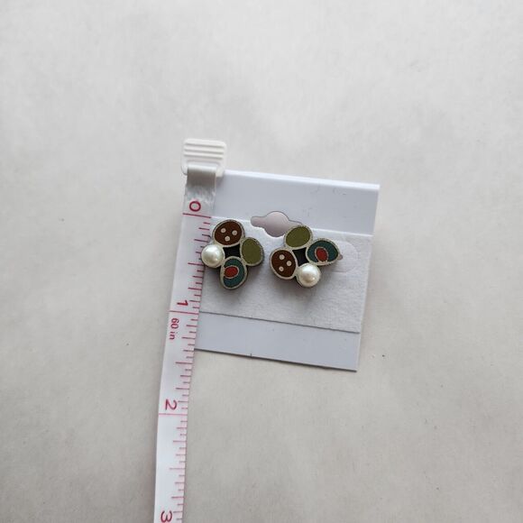 Susan Kinzig Design Four Clover Earrings Blue Clay & Pearl Post Back 925 Silver - Picture 9 of 11